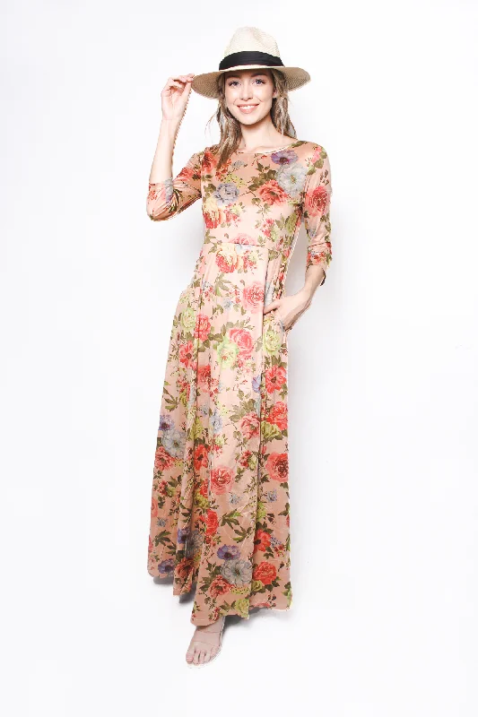 Women's 3/4 Sleeves Round Neck Floral Maxi Dress Cozy Open-Back Maxi Dress