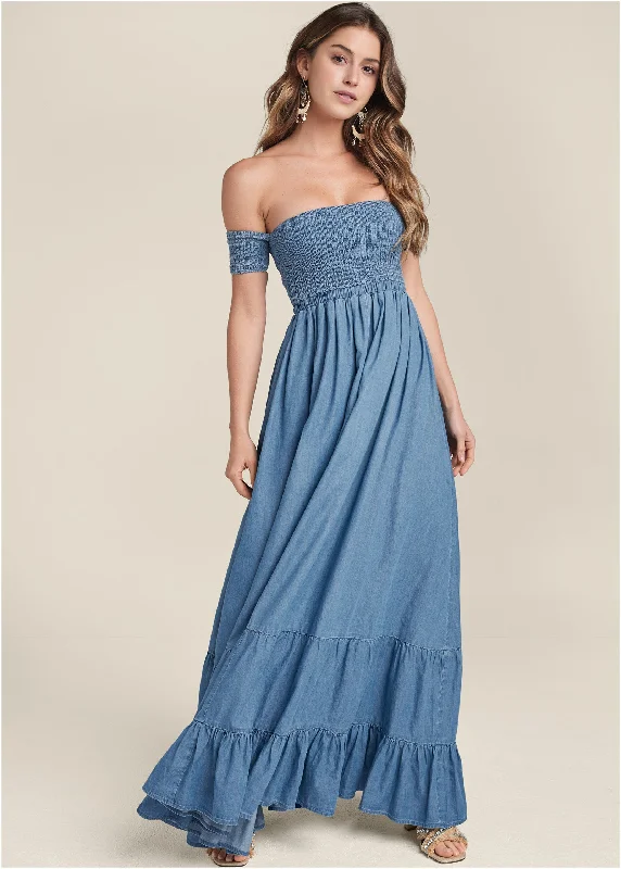 Off-The-Shoulder Maxi Dress - Medium Wash Trendy Off-Shoulder Ruffle Maxi Dress