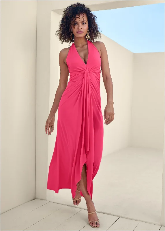 Plunging Knot Maxi Dress - Azalea Elegant Maxi Dress with Pockets