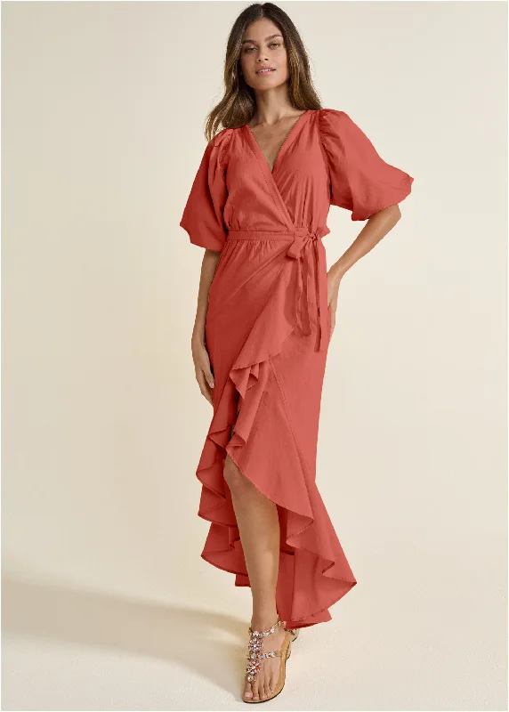 Ruffle Wrap Maxi Dress - Burnt Orange Elegant Maxi Dress with Belt