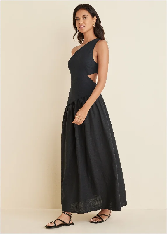 Linen Cutout Maxi Dress - Black Trendy Maxi Dress with Straps