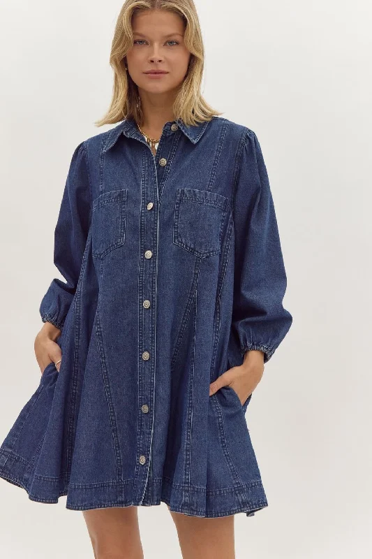 Denim Collared Button Up Long Sleeve Mini Dress Stylish Ribbed Mini Dress