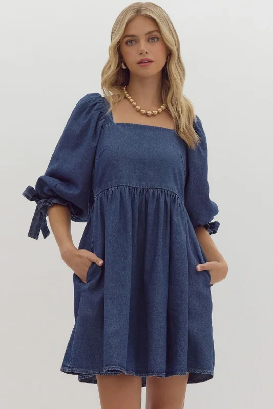 Denim Half Sleeve Square Neck Mini Dress Fashionable Lace Mini Dress