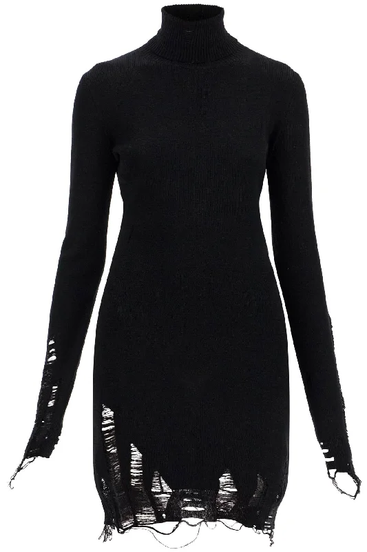 Destroyed Knit Mini Dress  - Black Classic Casual Mini Dress