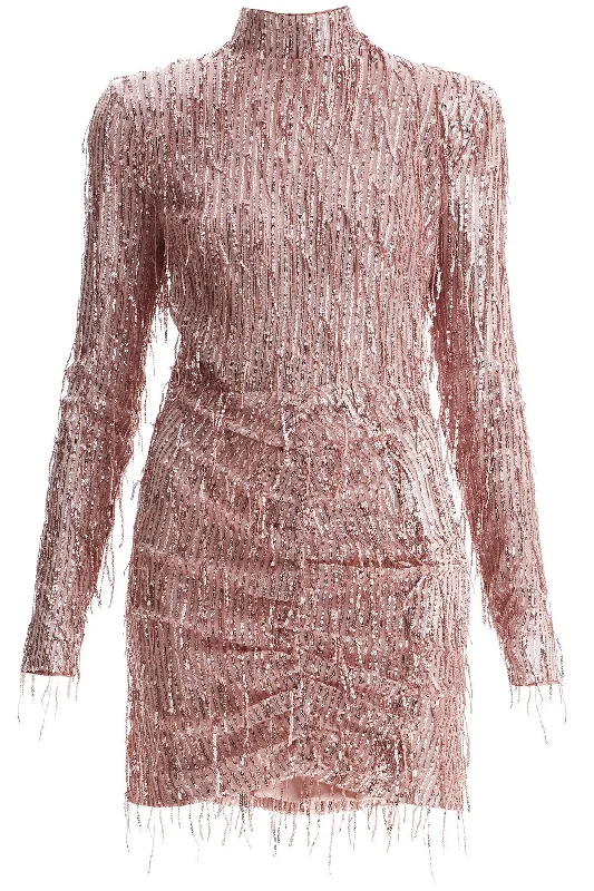 Mini Dress With Sequin Fringe Details  - Pink Elegant Lace Mini Dress