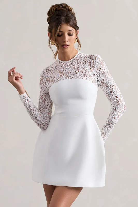 Birdie | White Lace Long-Sleeve Mini Dress Casual Mini Dress with Pockets