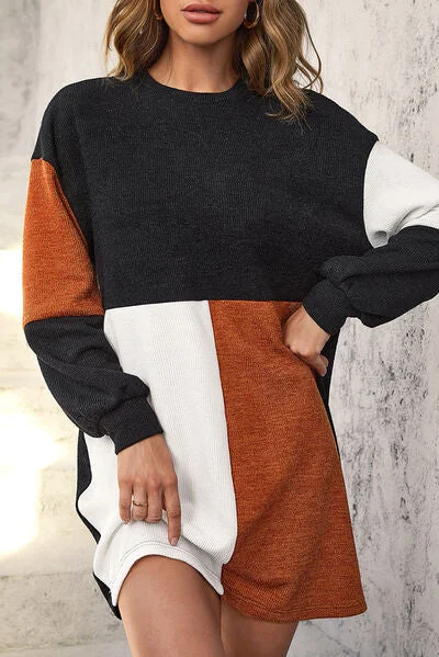 Color Block Dropped Shoulder Mini Dress Cozy Sweater Mini Dress