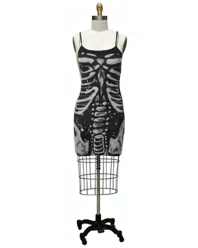 Dem Bones- the Skeleton Print Y2K Inspired Mini Dress Chic Pleated Mini Dress