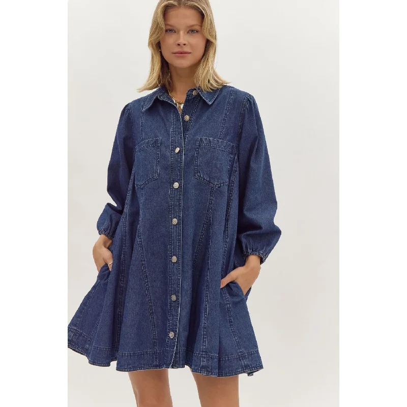 Entro - Denim Mini Dress - Dark Denim Stylish Button-Down Mini Dress