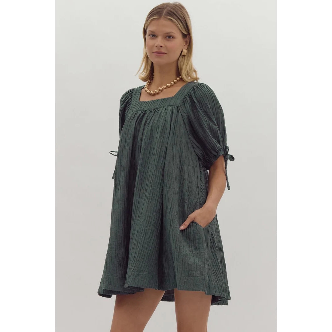 Entro - Entro Solid Pleated Square Neck Mini Dress - Forest Comfortable Wrap Mini Dress