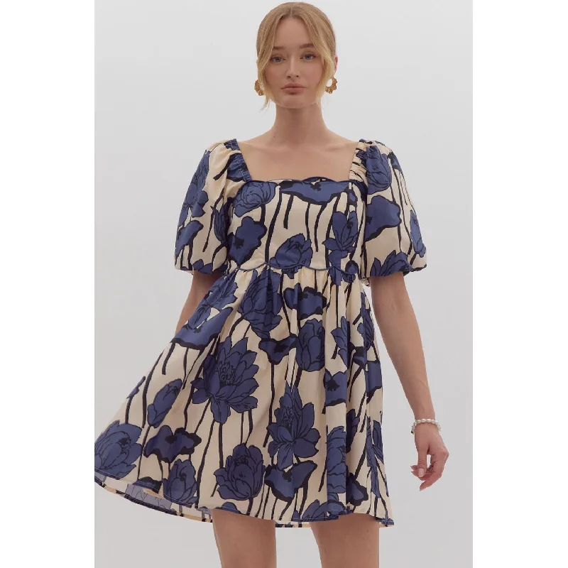 Entro - Floral Print Square Neck Mini Dress - Navy Cozy Cotton Mini Dress