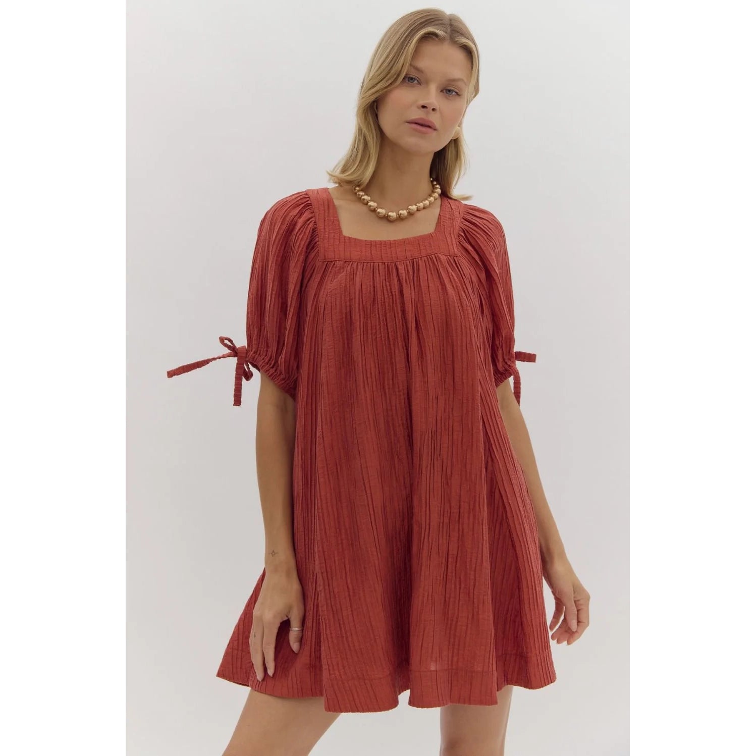 Entro - Solid Pleated Square Neck Mini Dress - Brick Casual Button-Up Mini Dress