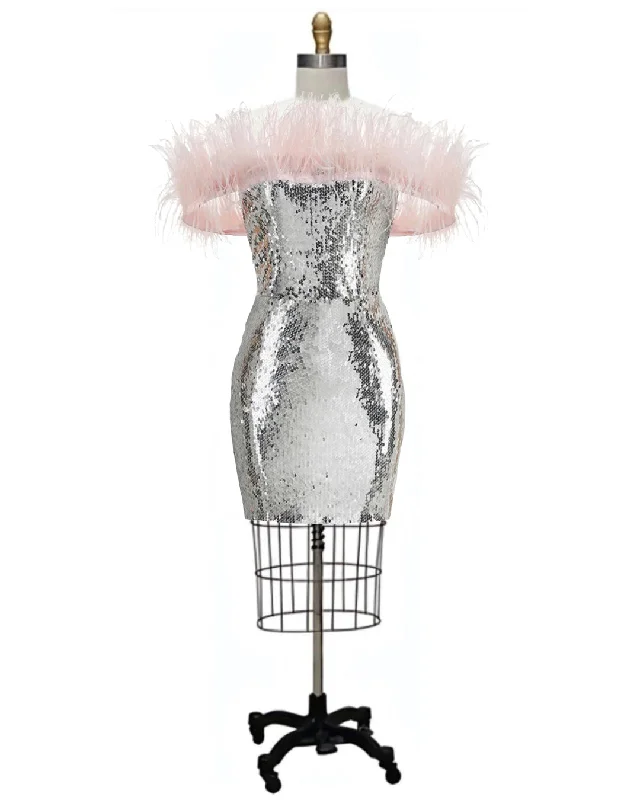 Fossie- the Pink Marabou Feather Adorned Silver Sequined Mini Dress Trendy Bodycon Mini Dress