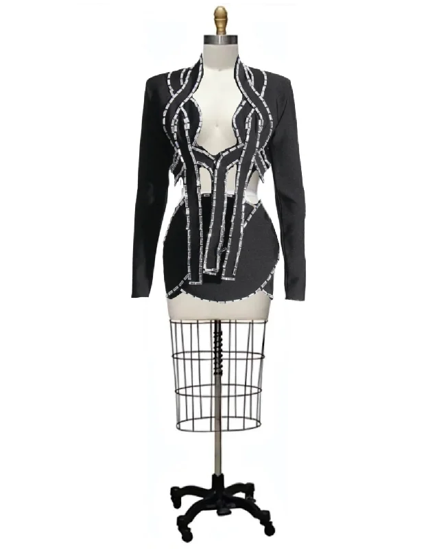 Fran- the Bugle Bead Trimmed Tuxedo Inspired Mini Dress Suit Set Elegant Mini Dress with Ruffles