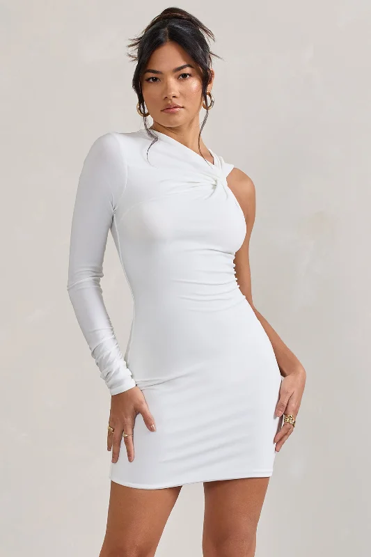 Fusion | White Asymmetric Twisted Bodycon Mini Dress Fashionable Denim Mini Dress