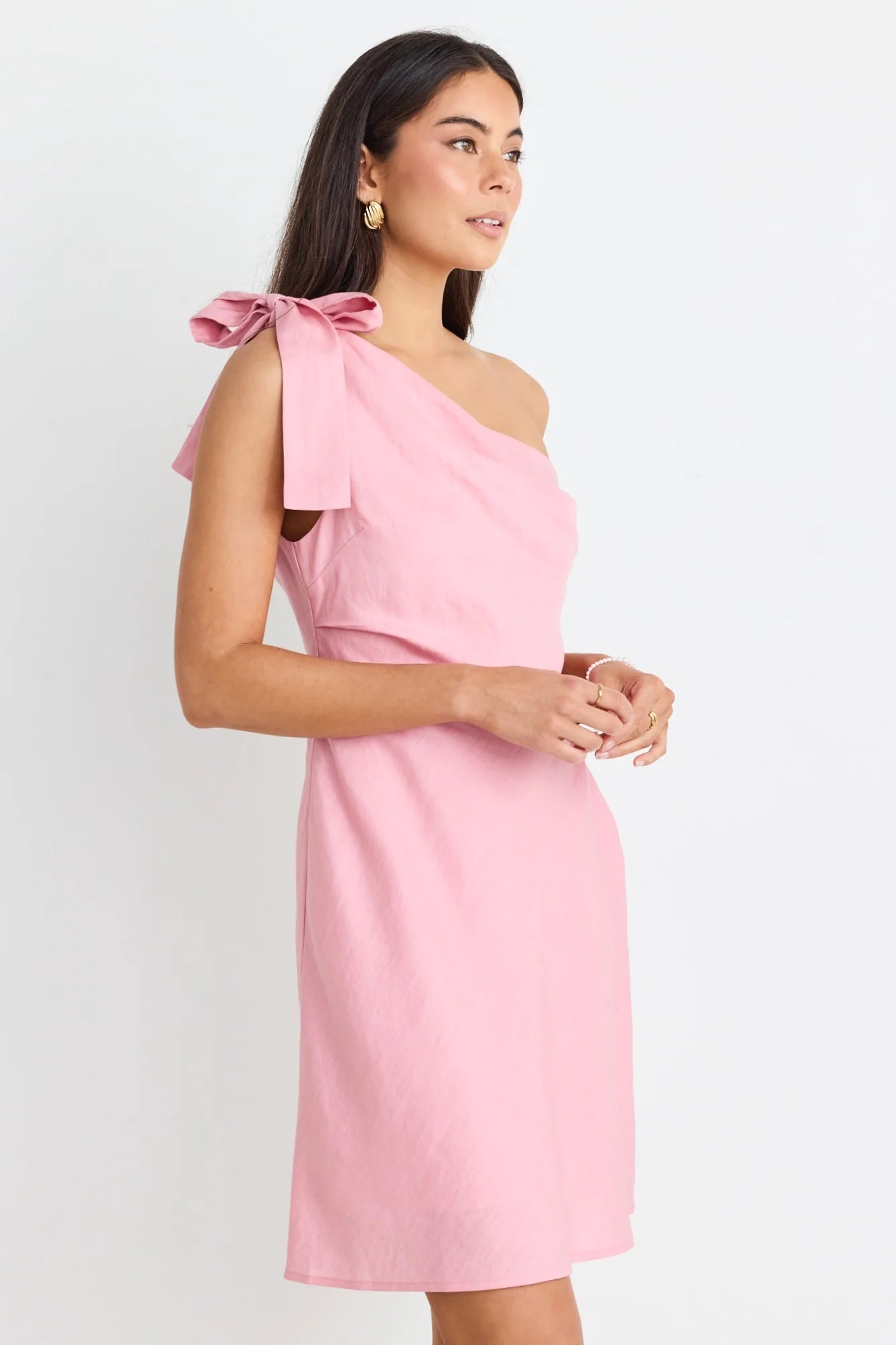 Georgia Mae - Ecstatic Linen Blend One Shoulder Bow Mini Dress - Blush Elegant Satin Mini Dress