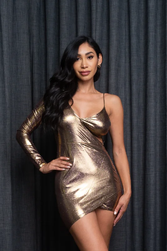 Gilded Trophy One Shoulder V Neck Mini Dress with Asymmetrical Hem in Metallic Bronze (AD-8028) Comfortable Fit-and-Flare Mini Dress