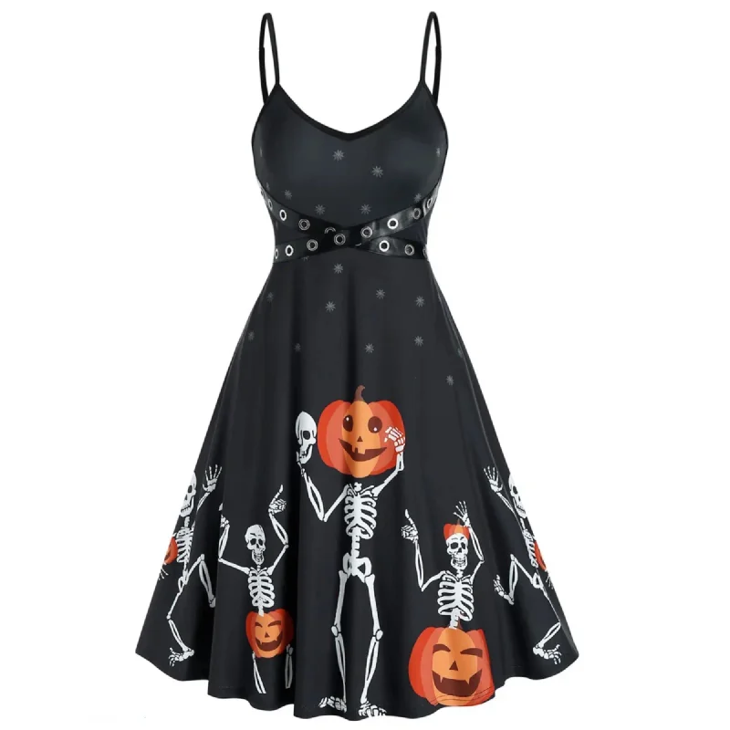 Halloween A Line Mini Dress Gothic Skeleton Pumpkin Pattern Grommet Elegant Satin Lace Mini Dress