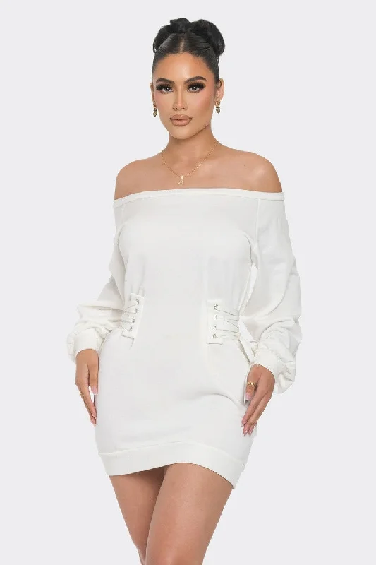 Just Vibe Off Shoulder White Mini Dress Cozy Knitted Mini Dress