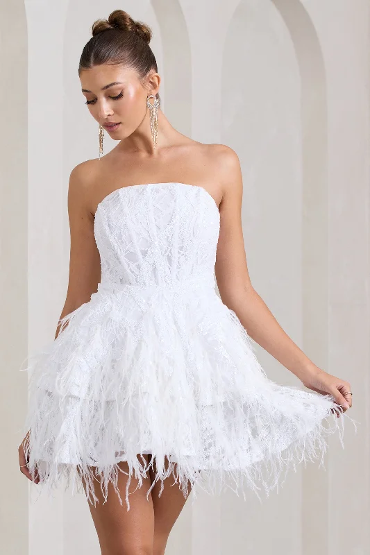 Little Wish | White Sequin Lace Strapless Mini Dress With Feathers Trendy Crossover Mini Dress