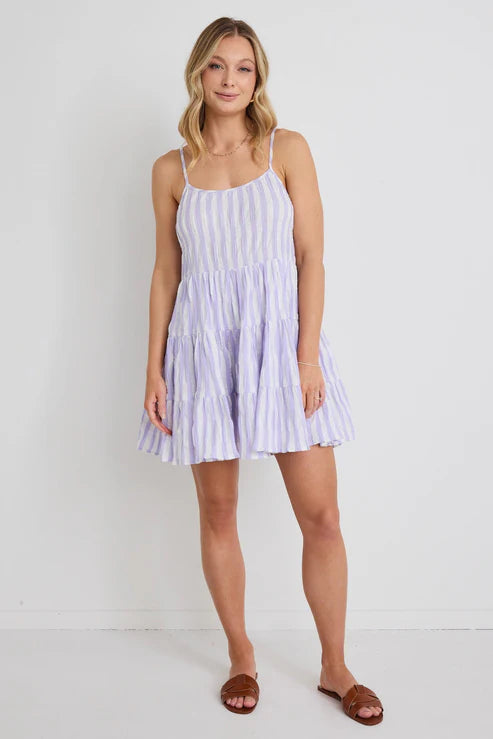 Love Lulu - Memphis Strappy Tiered Mini Dress - Lilac Stripe Classic Floral Print Mini Dress