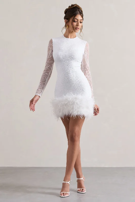 Mariana | White Lace Long-Sleeve Mini Dress With Feather Trim Trendy Tulle Mini Dress