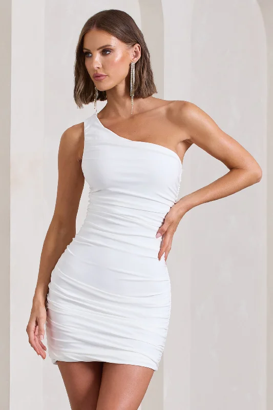 Onyx | White Ruched One Shoulder Mini Dress Elegant Velvet Mini Dress