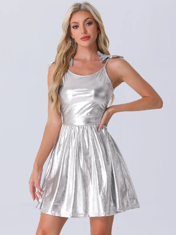 Spaghetti Straps Metallic A-Line Sleeveless Party Mini Dress Classic Striped Mini Dress