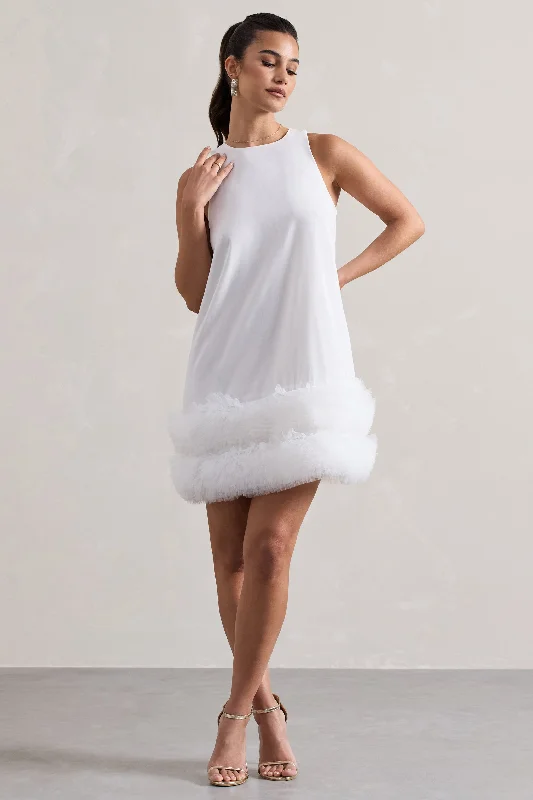 Raise A Glass | White A-Line Mini Dress With Tulle Hem Fashionable Off-Shoulder Mini Dress