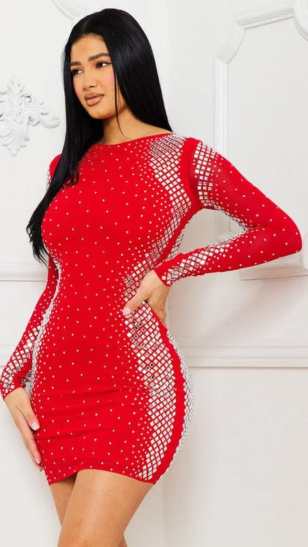 Red Long Sleeve Rhinestone Mini Dress Cozy Cotton Mini Dress