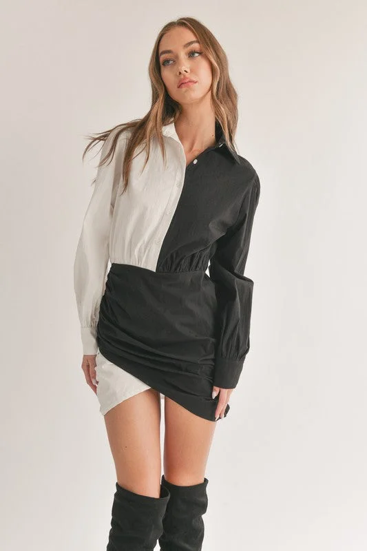 Split Decision White and Black Color Block Wrap Mini Dress Trendy Button-Detail Mini Dress