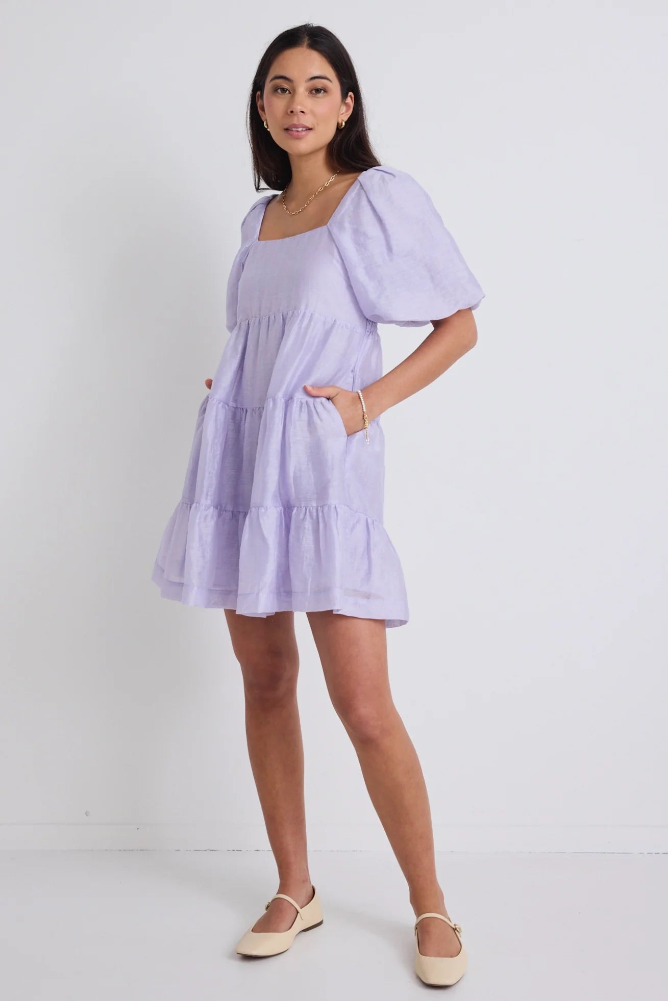 Stories Be Told - Beyond Puff Sleeve Tiered Mini Dress - Lilac Stylish Summer Mini Dress