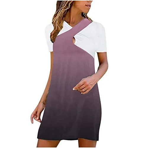 Summer Dress for Women V Neck Criss Cross Hollow Out Short Sleeve Tunic Dress Splicing Casual Slim Mini Dress Sundress | Original Brand Cozy Cowl Neck Mini Dress