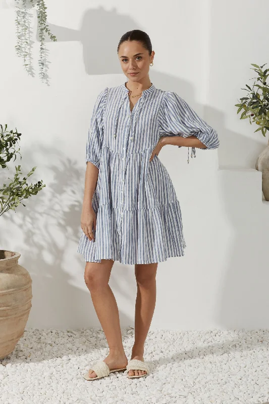 Sydney Blue Stripe Button Down Mini Dress Casual High-Waist Mini Dress