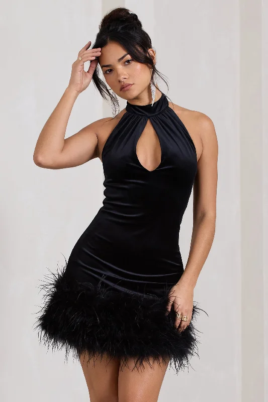 Tillie | Black Velvet High Neck Trapeze Mini Dress With Feather Hem Detail Trendy Lace Mini Dress