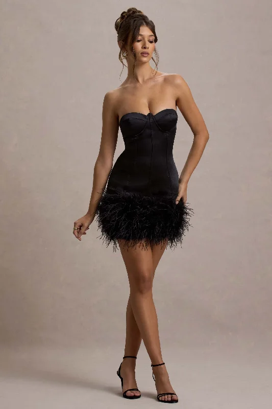 Vampira | Black Satin Corset Feather Mini Dress Comfortable Wrap Mini Dress