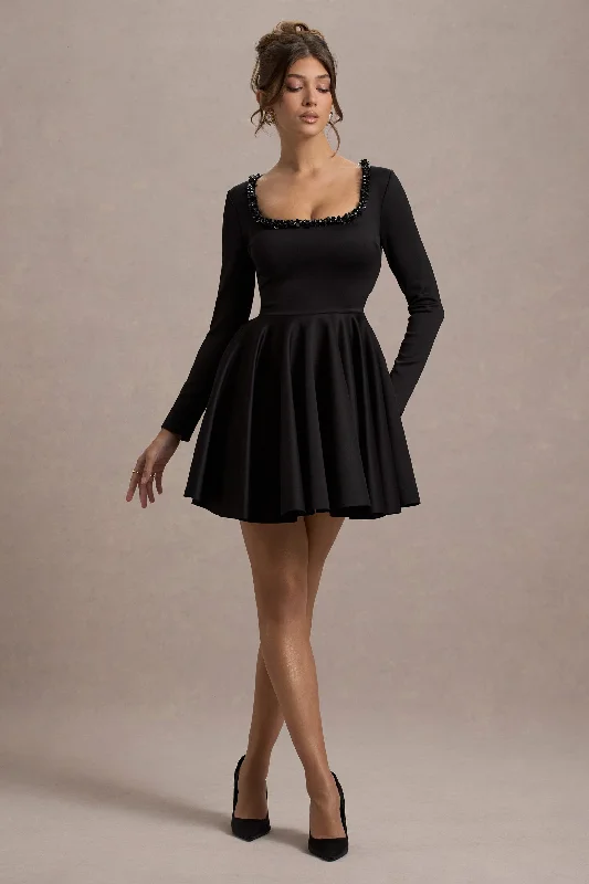 Wilder | Black Square-Neck Long-Sleeve Skater Mini Dress Casual V-Neck Mini Dress