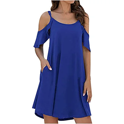 Women Cold Shoulder Mini Dress Casual Summer Spaghetti Strap Sundress Ruffle Sleeves Loose Beach Dress | Original Brand Fashionable Pleated Mini Dress