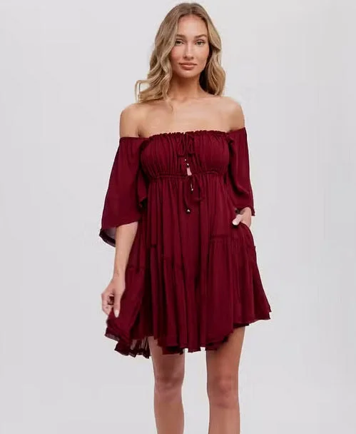 Women's/Junior Adjustable Ruffled Ruched Mini Dress w/Pockets - Wine Red Stylish Short-Sleeve Mini Dress