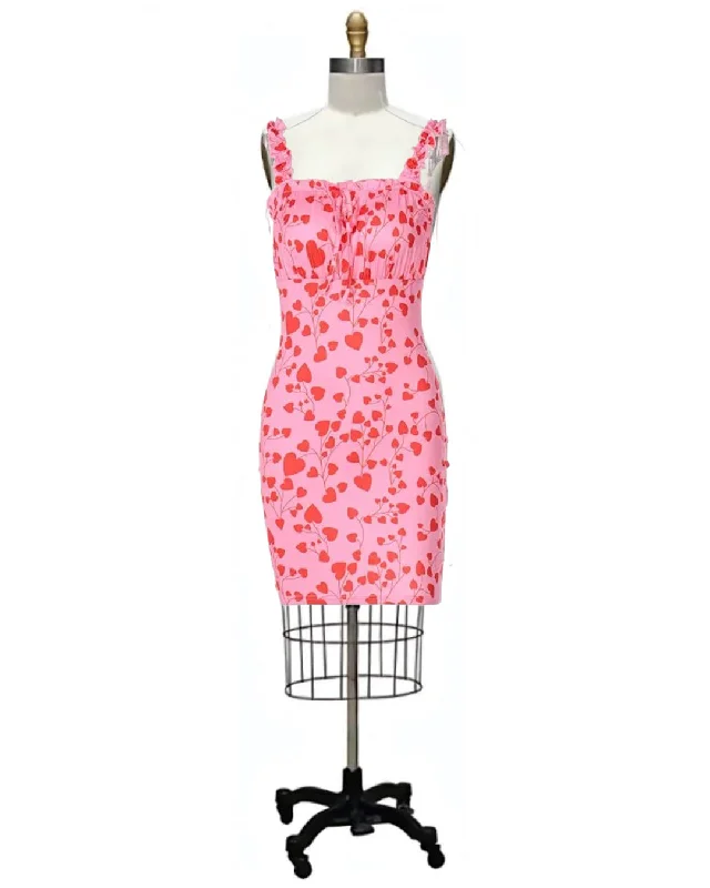 Y2K Love- the Pink 90s Inspired Mini Dress with Red Hearts Fashionable Lace-Trim Mini Dress