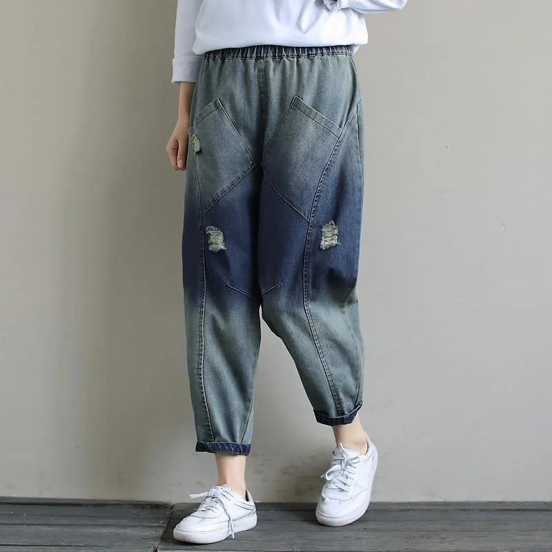 Elegant Spring Casual Pants Stylish Denim Dark Blue Shape Elastic Waist Hole Wild Pants Trendy Wide-Leg Pants