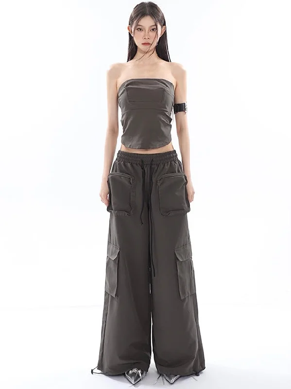 Shaya Solid Color Dark Grey Bandeau Sleeveless Slim Cropped Top + High Wasit Multi-Pocket Straight Leg Baggy Cargo Pants Matching Set Chic Checkered Pants