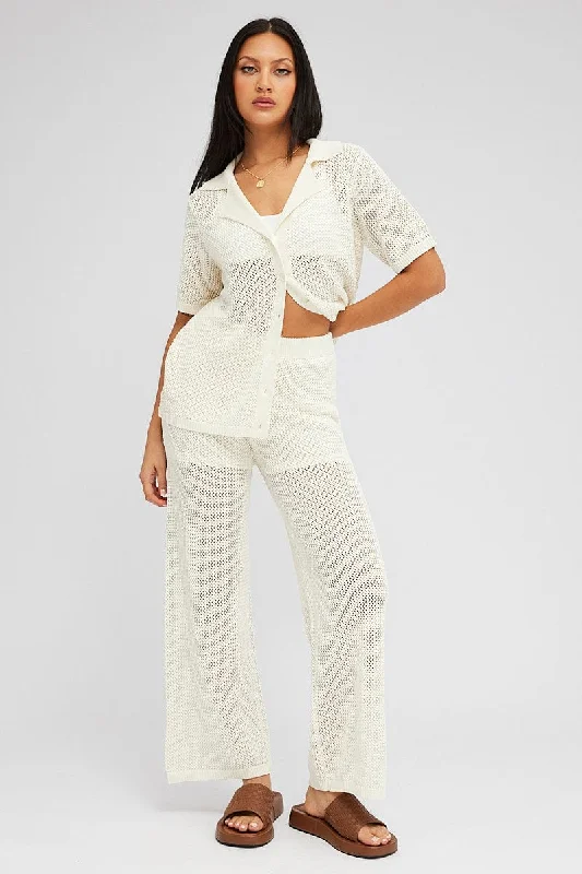 White Knit Pants Wide Leg Crochet Casual Drawstring Pants