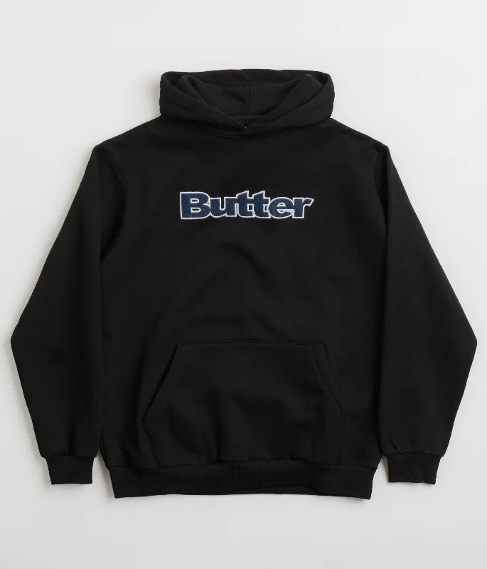 Butter Goods Logo Denim Applique Hoodie - Black Hoodie with Hem Patch Decorative Personalized