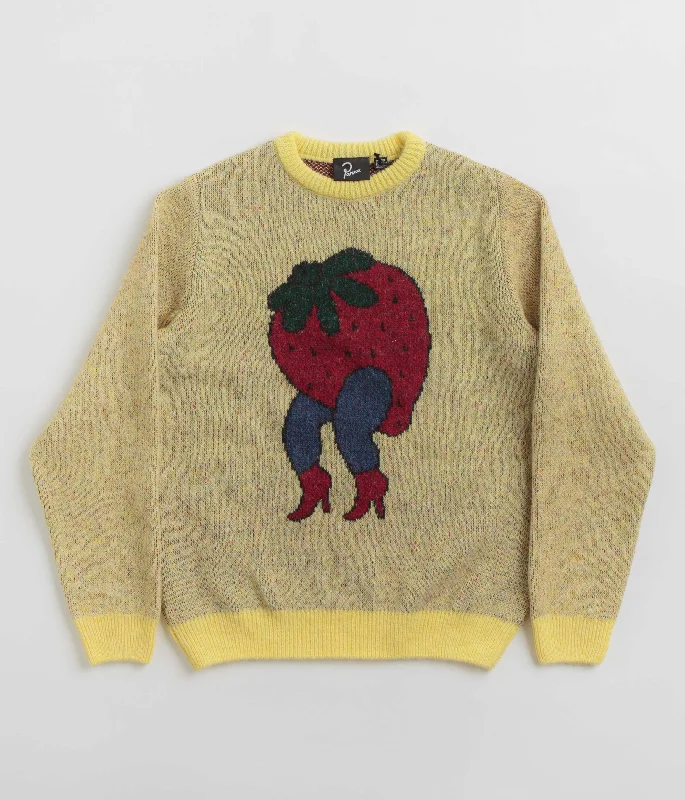 by Parra Stupid Strawberry Knitted Sweatshirt - Yellow Hoodie with Drawcord Adjustable Secure