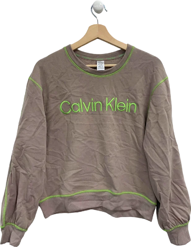 Calvin Klein Taupe/Neon Green Crew Neck Sweatshirt UK XS Hoodie with Neon Bright Vibrant