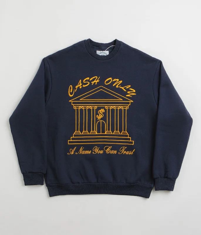 Cash Only Bank Crewneck Sweatshirt - Deep Navy Hoodie with Raw Hem Edgy Unfinished