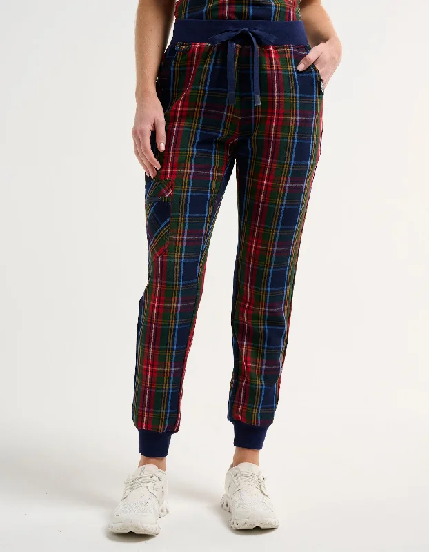 Essential Jogger Scrub Pants - Christmas Blue Tartan Soft Stretch Trousers