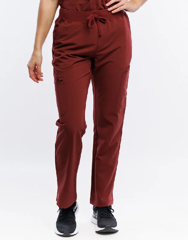 Essential Multi-Pocket Scrub Pants - Bordeaux Red Trendy High-Waist Trousers