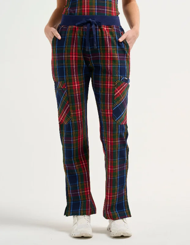 Essential Multi-Pocket Scrub Pants - Christmas Blue Tartan Formal Wide-Leg Pants